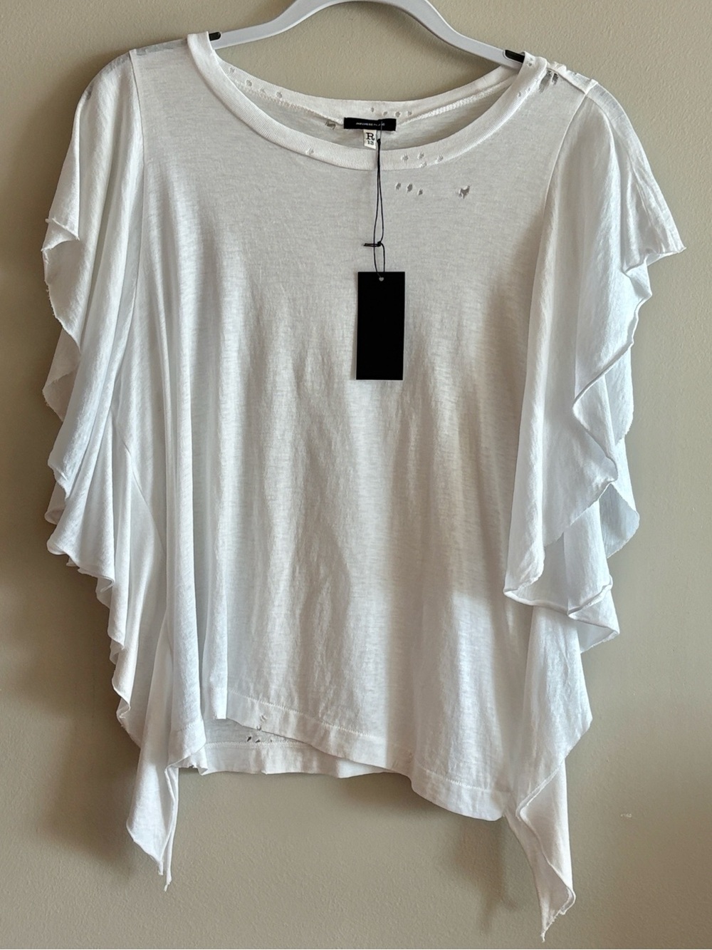 R13 White Distressed Cotton Tee Raw Edge Ruffle Sleeves NWT